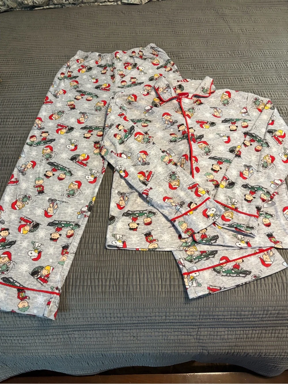 Peanuts Grey Pajama Set with Red Trim and Holiday Print
